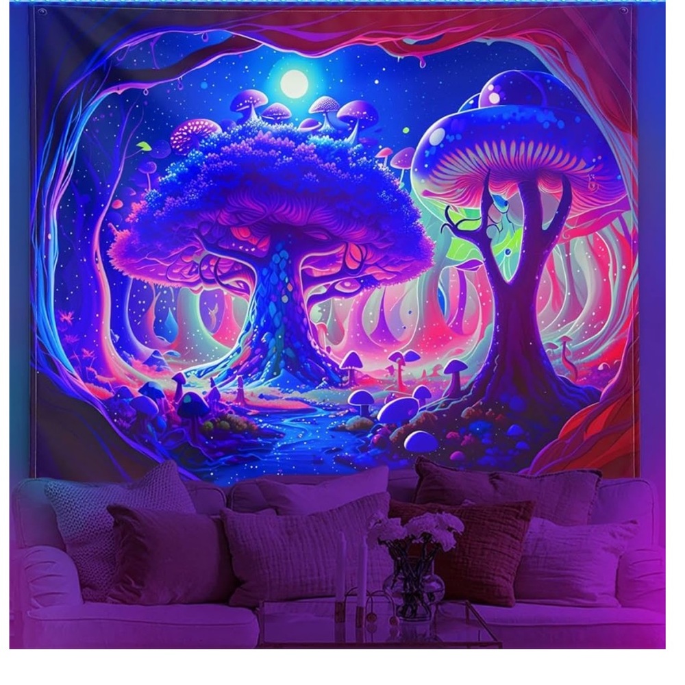 Trippy glow psychedelic tapestry mushrooms alien space cosmic wall hanging acid